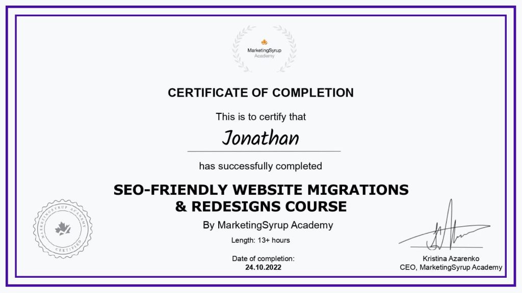 SEO Website Migrations & Redesigns Course Certificate of Completion